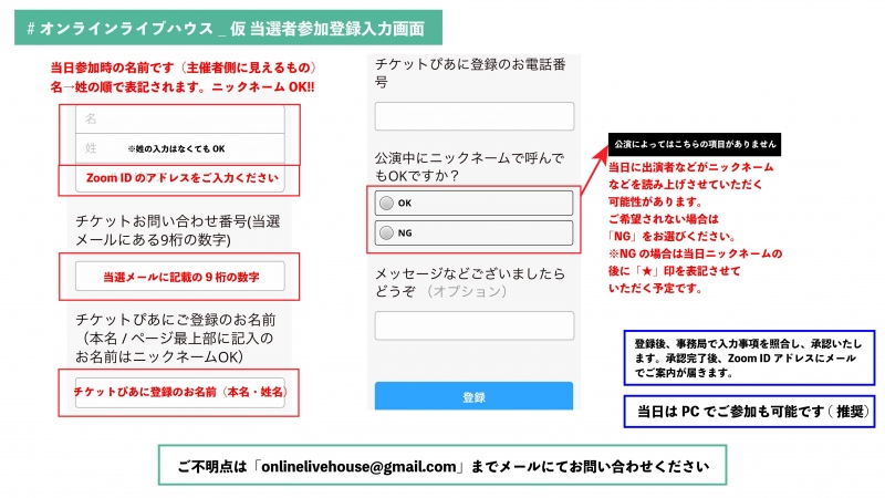 5/29オンラインライブハウスイベントの参加登録画面について